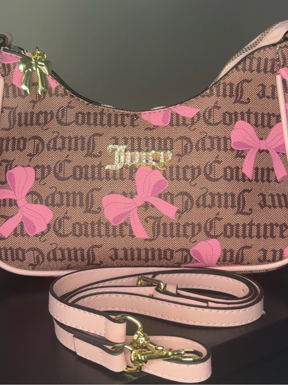 Juicy Couture Brown Monogram with Pink Bow Crossbody Bag